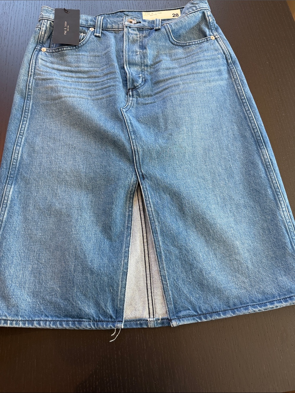 rag & bone Light Blue Denim Straight-Leg Midi Skirt with Center Front Slit